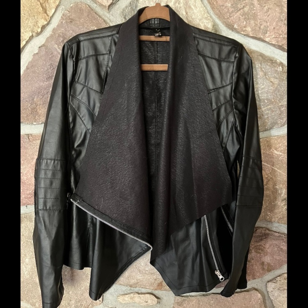 Moto Faux Black Leather side zip waterfall front lightweight jacket cardigan